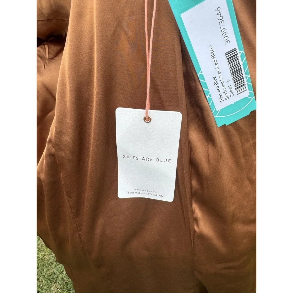 Skies Are Blue Blazer Womens L Brown Boyfriend Oversized Open Front Lined Jacket